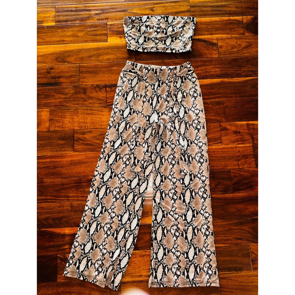 ReVamped Snakeskin Print 2 Piece Set Womens Medium Tan Black Wide Leg Bandeau